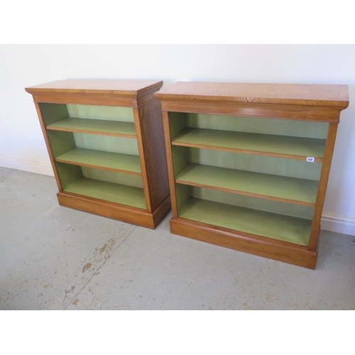 610 - A pair of burr oak open bookcases with adjustable shelves and painted interior - made by a local cra... 