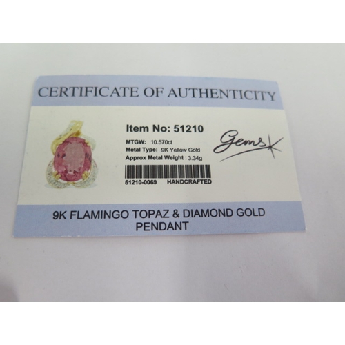 117 - A 9ct yellow gold flamingo topaz and diamond pendant - Height 26cm - approx weight 5.6 grams - in go... 