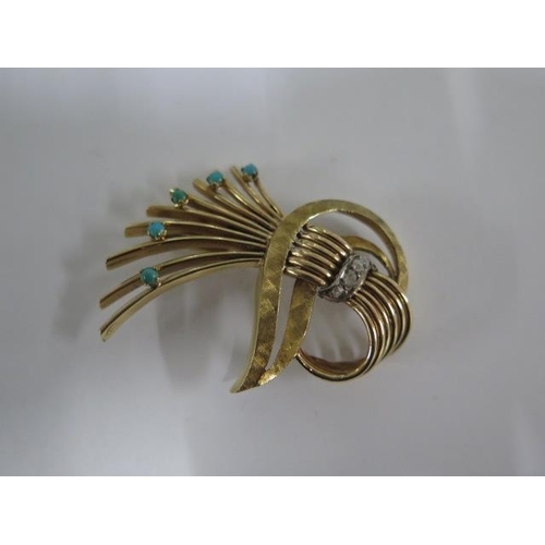 12 - A yellow gold diamond and turquoise brooch surface tests to approx 18ct - 4.5cm x 3cm - approx weigh... 