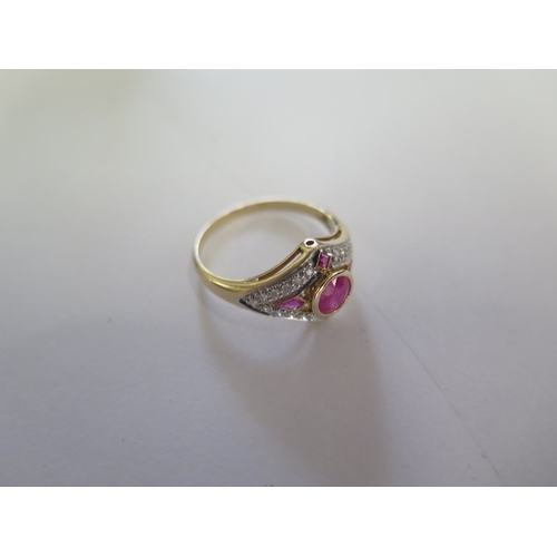 130 - A 9ct yellow gold Luke Stockley of London art deco style ruby and diamond ring, head size approx 12m... 