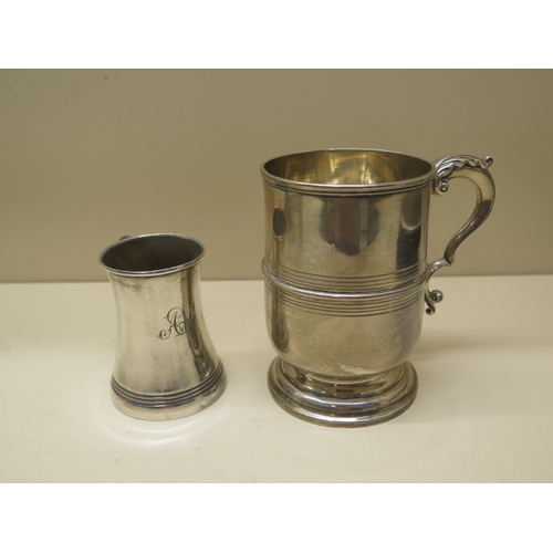 167 - Two silver tankards tallest 10cm by Mappin and Webb, smallest is engraved - total weight approx 8.4 ... 