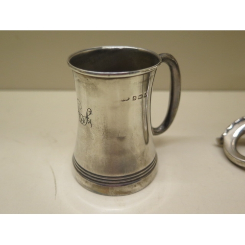 167 - Two silver tankards tallest 10cm by Mappin and Webb, smallest is engraved - total weight approx 8.4 ... 