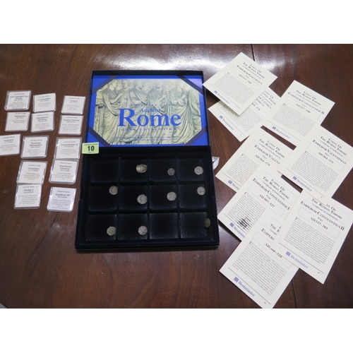 237 - A collection of 10 Roman coins in a coin collectors box with History of Ancient Rome coin collection... 