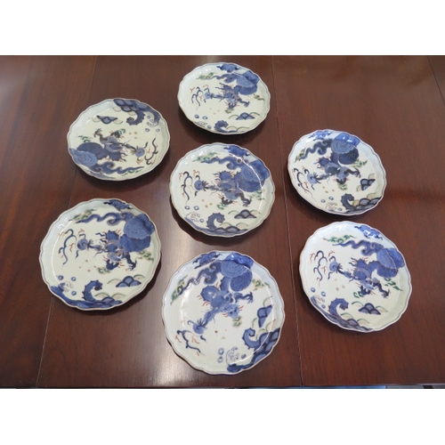 269 - Seven oriental lily pad leaf shaped plates with blue dragon and pearl decoration, 6 character mark t... 