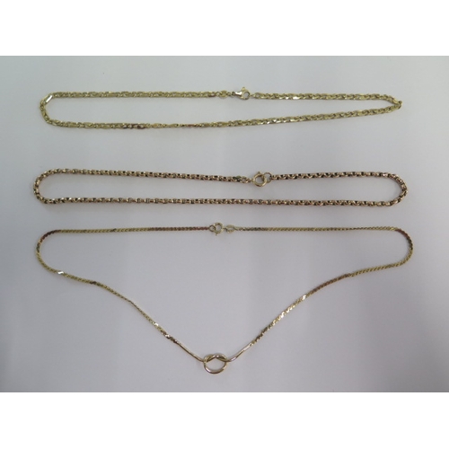 36 - Three 9ct yellow gold necklaces 43cm, 42cm and 41cm long - total weight approx 24.3 grams - all gene... 