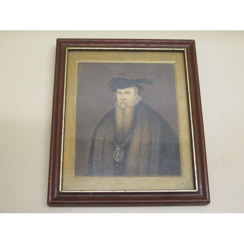 481 - A watercolour of an Elizabethan gentleman - frame size 17cm x 15cm - good condition, damage to mount