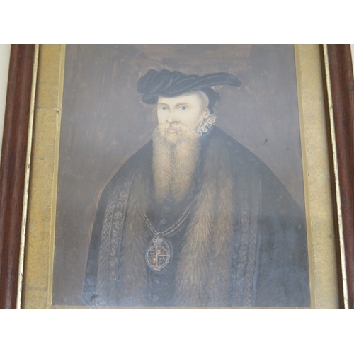 481 - A watercolour of an Elizabethan gentleman - frame size 17cm x 15cm - good condition, damage to mount