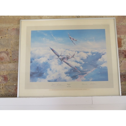 488 - A Robert Taylor print Spitfire signed by Douglas Bader and Johnnie Johnson - frame size 52cm x 62cm