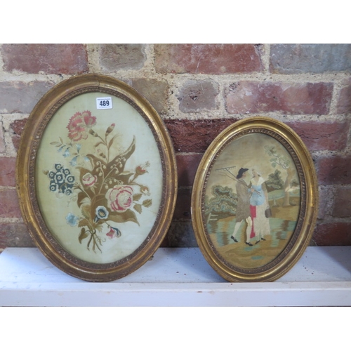 489 - Two 19th century needlework designs in oval gilt frames - Largest 42cm x 33cm