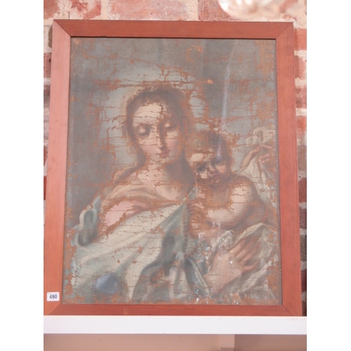 490 - An oil on canvas of Madonna and Child - in poor condition, has been framed under glass - frame size ... 