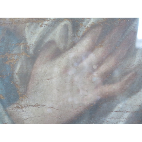 490 - An oil on canvas of Madonna and Child - in poor condition, has been framed under glass - frame size ... 