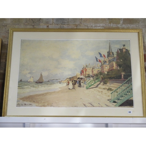 495 - The Beach at Trouville by Claude Monet print, in a gilt frame - 81cm x 114cm