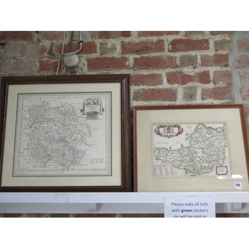 500 - A coloured map of Somerset by Blome and a map of Hertfordshire by Robert Morden - frame size 58cm x ... 