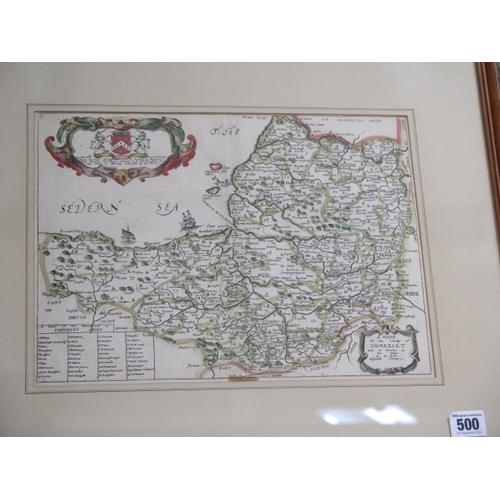 500 - A coloured map of Somerset by Blome and a map of Hertfordshire by Robert Morden - frame size 58cm x ... 