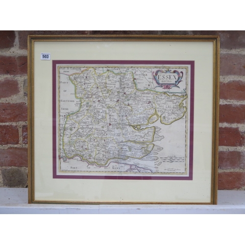 503 - A Robert Morden Map of Essex - slight wear but reasonably good in a gilt frame - 55cm x 61cm