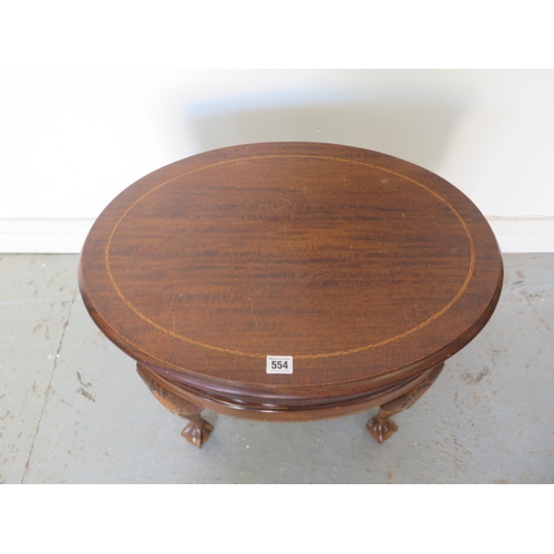 554 - An oval mahogany inlaid workbox with contents - Height 49cm x 60cm x 44cm