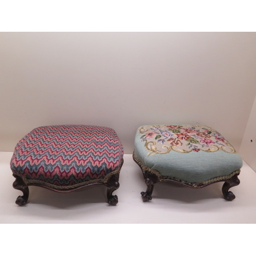 587 - A pair of upholstered walnut foot stools - Height 16cm x 35cm x 31cm