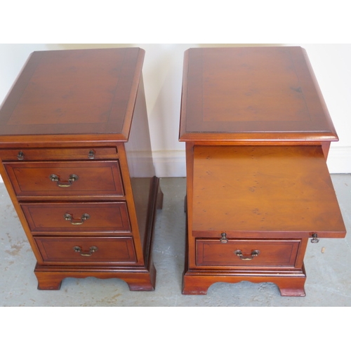 640 - A 20th century pair of reproduction yew wood bedside chests with brushing slides - 61cm x 36cm x 43c... 