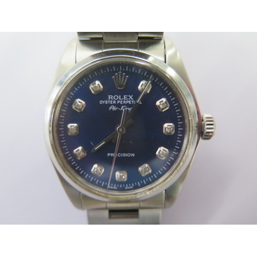 37 - A 1973 Rolex Oyster Perpetual stainless steel Air-King bracelet watch with blue dial and diamond mar... 