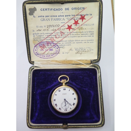 39 - A Longines 18ct yellow gold pocket watch - Longines, three star, fully jewelled lever movement, cut ... 