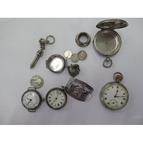 50 - A silver pocket watch case, silver wristwatch, silver pocket watch, a plated pocket watch (all are n... 