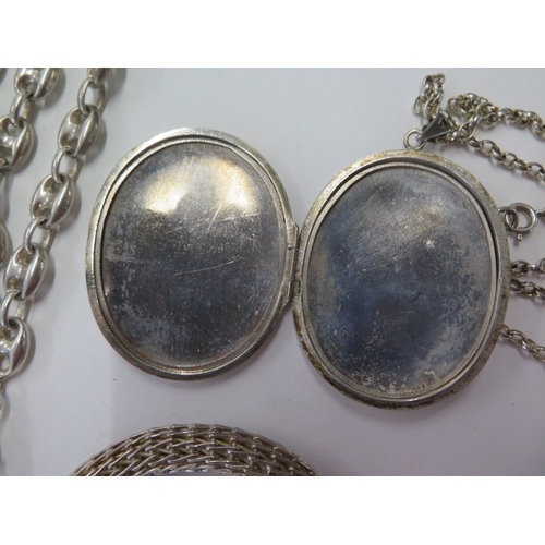 139 - A silver locket on chain, a silver 90cm necklace and a white metal and enamel bracelet - total weigh... 