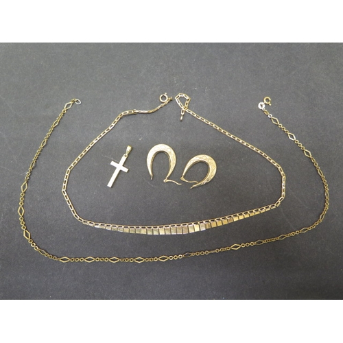 155 - Two 9ct gold chains, a pair of 9ct earrings and a 9ct crucifix - approx weight 11.8 grams