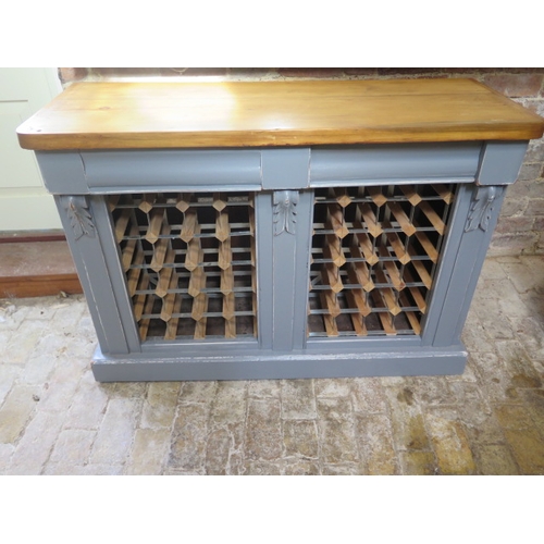 553 - A shabby chic painted 40 bottle wine rack with polished pine top and two drawers - Height 85cm x 121... 