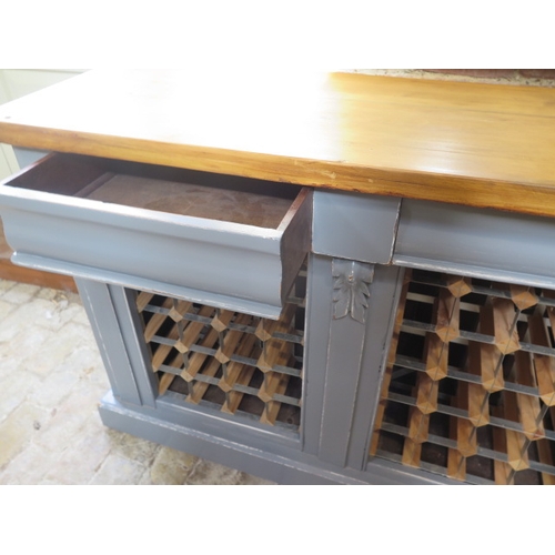 553 - A shabby chic painted 40 bottle wine rack with polished pine top and two drawers - Height 85cm x 121... 