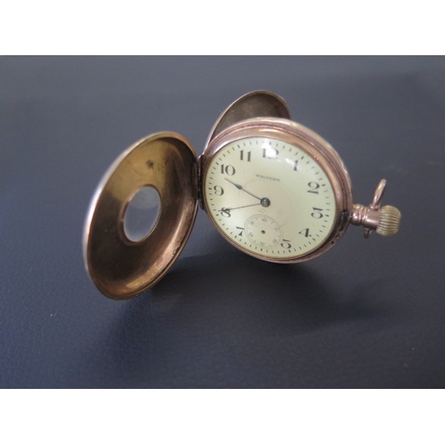 60A - A 9ct gold Waltham half hunter pocket watch, second hand missing - approx weight 88 grams