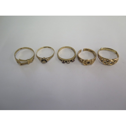 74 - Five 9ct yellow gold rings (one cut) - total weight approx 6.8 grams