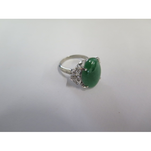 85 - A 900 platinum green Jade and diamond ring size L/M - approx weight 10 grams - Jade approx 18mm x 13... 