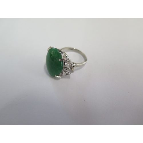 85 - A 900 platinum green Jade and diamond ring size L/M - approx weight 10 grams - Jade approx 18mm x 13... 