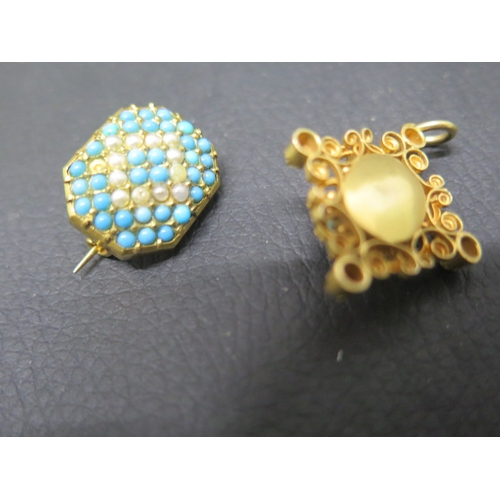 122 - An 18ct yellow gold - unmarked but tested - pendant and brooch with pearls and turquoise - pendant a... 