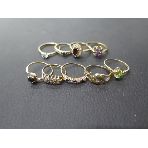 167 - Eight 9ct gold rings, various stones including amethyst, garnet, peridot - weight approx 11.8 grams ... 