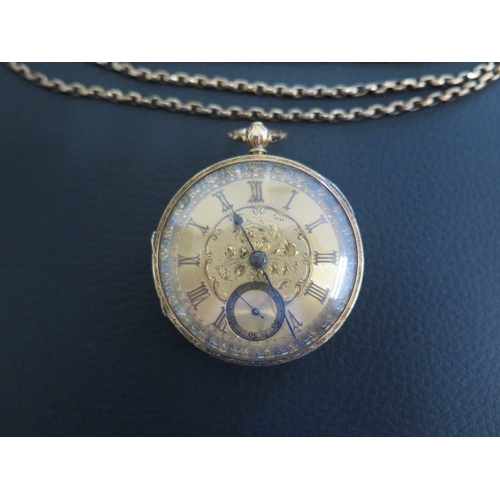 251 - An 18ct gold pocket watch with its key and case - Not working - and a gold plated chain