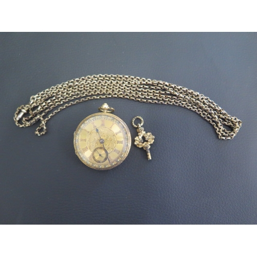 251 - An 18ct gold pocket watch with its key and case - Not working - and a gold plated chain