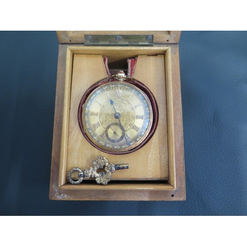 251 - An 18ct gold pocket watch with its key and case - Not working - and a gold plated chain