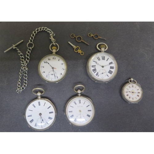 255 - Three silver cased pocket watches - one working - together with a French engraved silver cased fob w... 