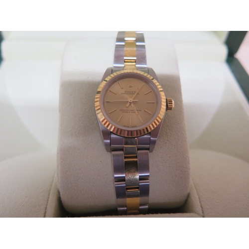 262 - A ladies bi metal Rolex Oyster Perpetual wristwatch with box - model number 76193 2003 model, serial... 