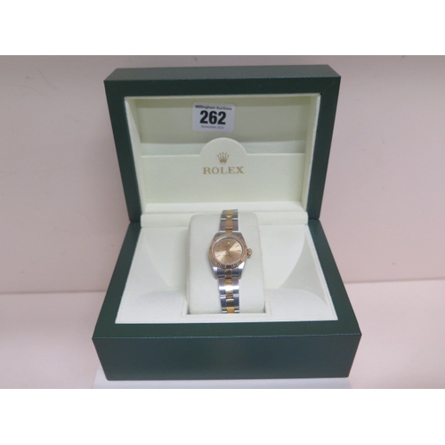 262 - A ladies bi metal Rolex Oyster Perpetual wristwatch with box - model number 76193 2003 model, serial... 