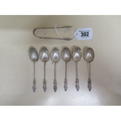 302 - A set of six late Victorian scallop shell apostle teaspoons and sugar tongs Birmingham 1898/99 toget... 