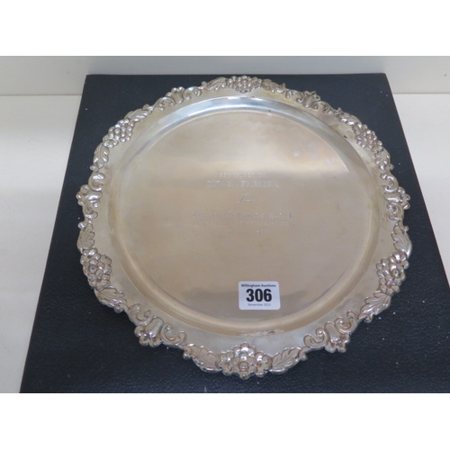 306 - A silver presentation tray, engraved - approx weight 13.9 troy oz - boxed