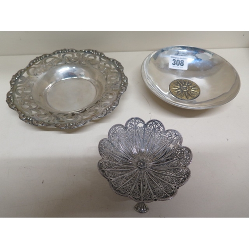 308 - A silver dish stamped 800, a 925 silver dish and a plated pierced dish approx 4 troy oz