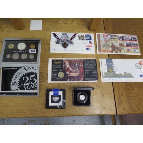 330 - Four commemorative coins in envelopes - A Piedfort silver one Dollar and 1992 proof set