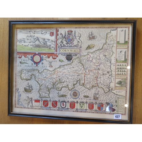 427 - A framed vintage map of The County of Cornwall