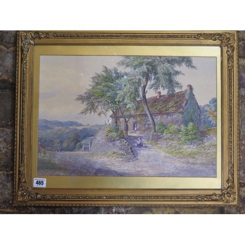 465 - A watercolour of a cottage with hills and trees signed W Wilde 62