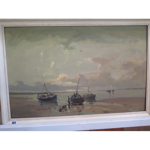 483 - An oil painting of boats, signed Cox - 77cm x 60cm