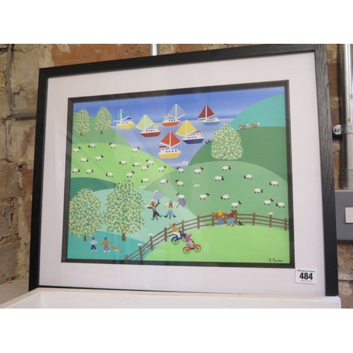 484 - Gordon Barker - Acrylic on paper - Coastal Landscape - framed under glass, ready to hang - frame siz... 