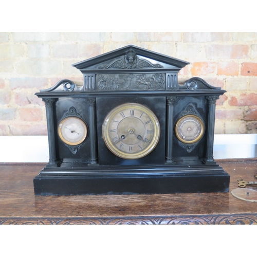 491 - A 19th century century architectural black marble mantle clock/barometer with a 8 day movement, tick... 